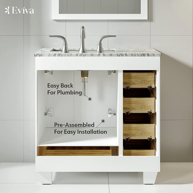 EVVN69-30WH Acclaim 30" White Transitional W Carrara Top Bathroom Vanities