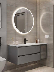Round Mirror Bathroom Solid Wood Cabinet - Vanities and Toilets